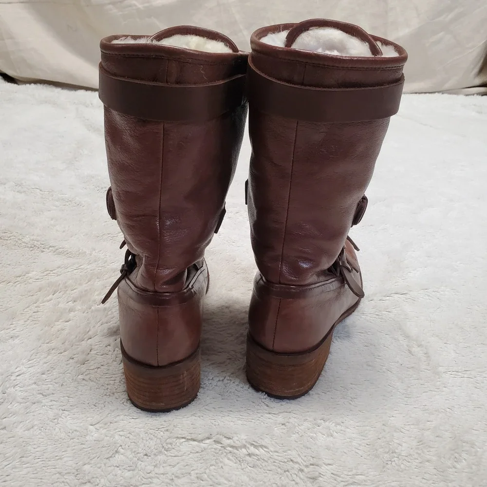 Brown Leather Australian Fur Fuzzy Buckle Tall Boots Women‎ 6 Boho Winter Cozy